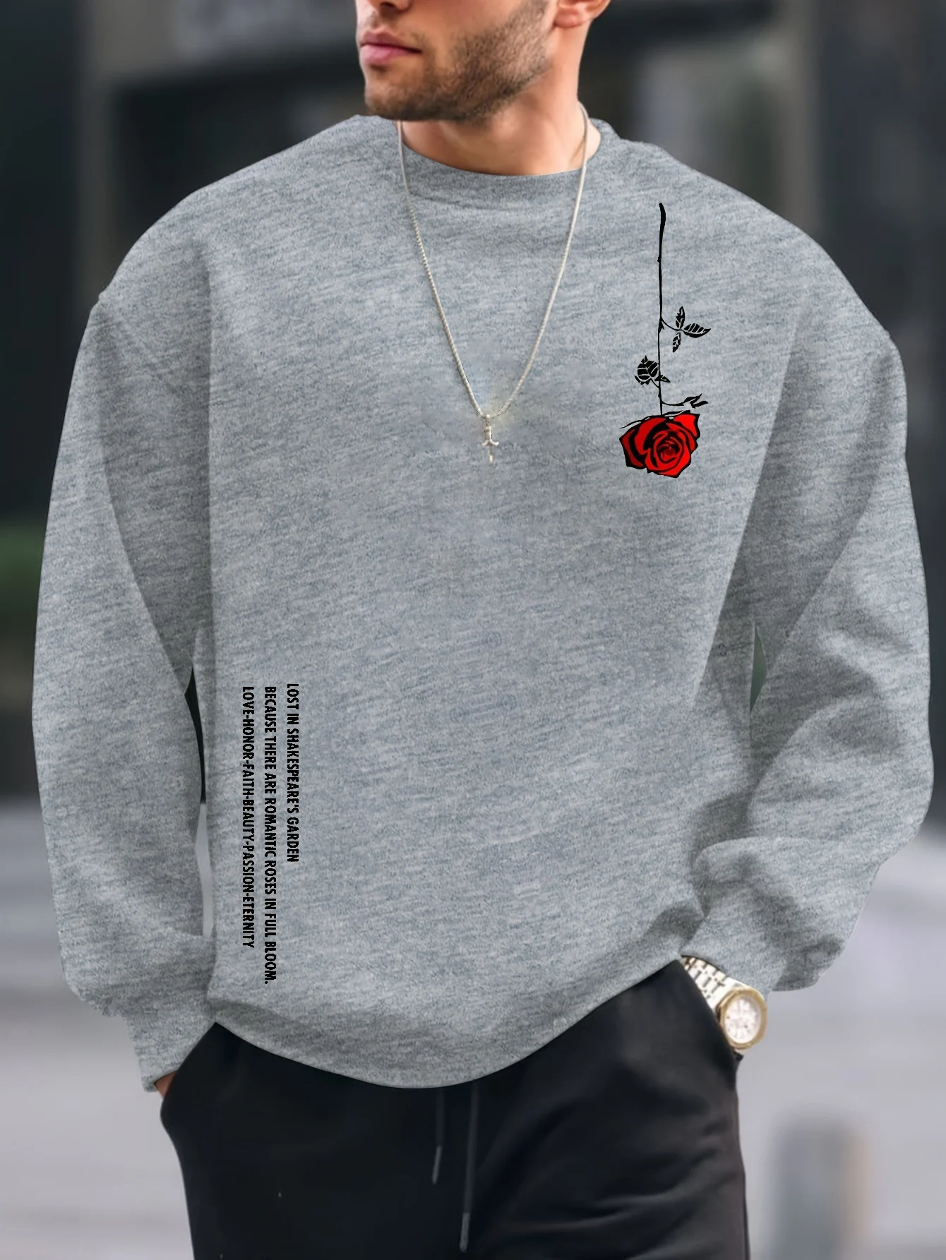 Men\'s autumn and winter fashionable casual loose plus rose pattern printed fleece pullover round neck long sleeved sweatshirt