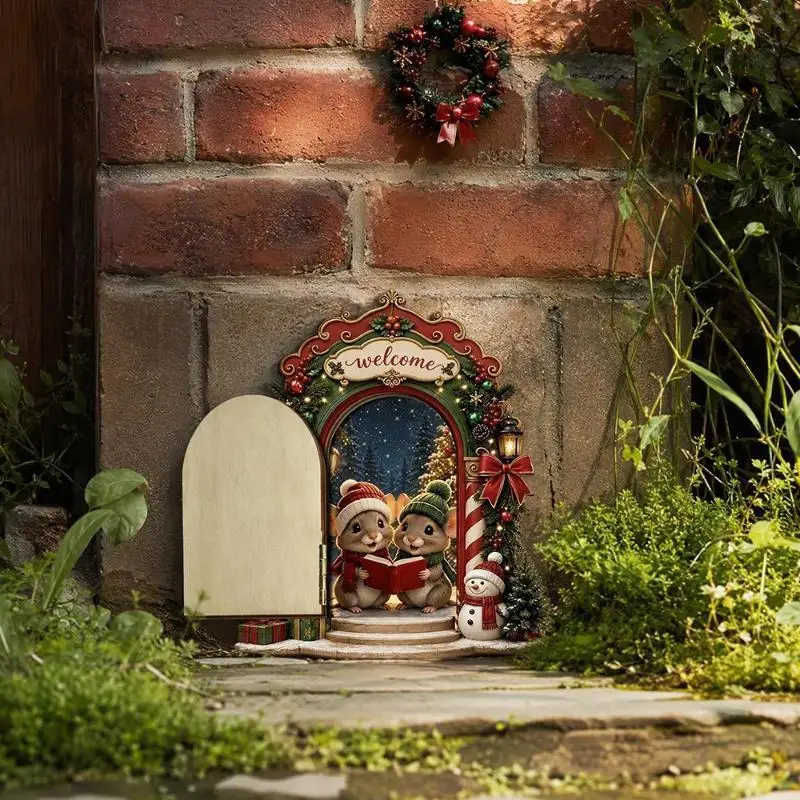 Creative Openable Christmas Mouse Hole Mini Wooden Fairy Door Funny Craft Decor for Holiday Party Home Wall Gift