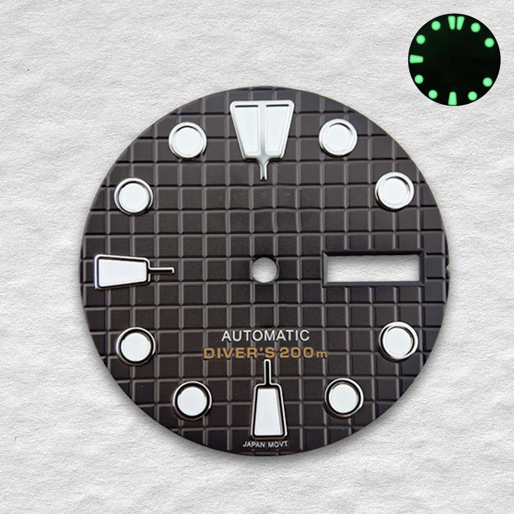 Relógio luminoso verde com logotipo S, mostrador duplo calendário, movimento automático, acessórios de modificação, 28,5mm, adequado para NH35, NH36