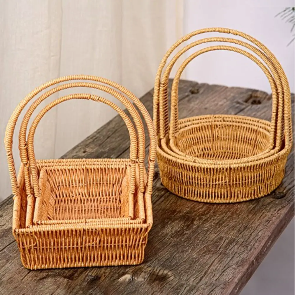 Cesta de almacenamiento tejida a mano portátil de alta calidad, transpirable con asa, organizador de artículos diversos de escritorio, bandeja de almacenamiento de frutas de 6 estilos