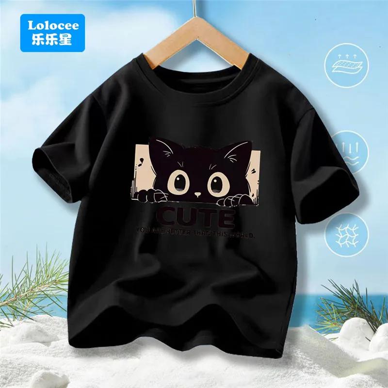 Cute Black Cat Print Crew Neck Kids T-Shirt , Short Sleeve Casual Tee Tops for Boys, Cat Lover Children Summer Clothing MKA1