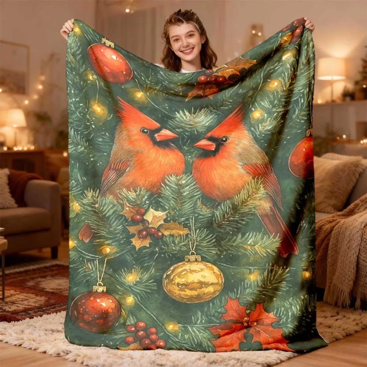 Christmas Cardinal Bird Flannel Throw Blanket, Pine Holly Xmas Ornament Soft Warm Blanket for Sofa Bed Home Decor Gift Ideas Now