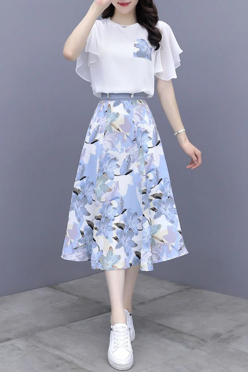 Elegant Women's Suits Summer 2024 New Fashion Casual Slim Temperament Floral T-shirts Skirts Female Two Piece Sets