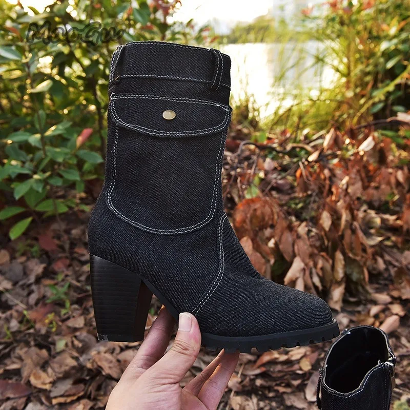 Women\'s Denim Mid-Calf Boots Pocket Decor Chunky Block Heel Ankle Boots Retro Western Style Casual Fashion Botas Mujer Size35-43