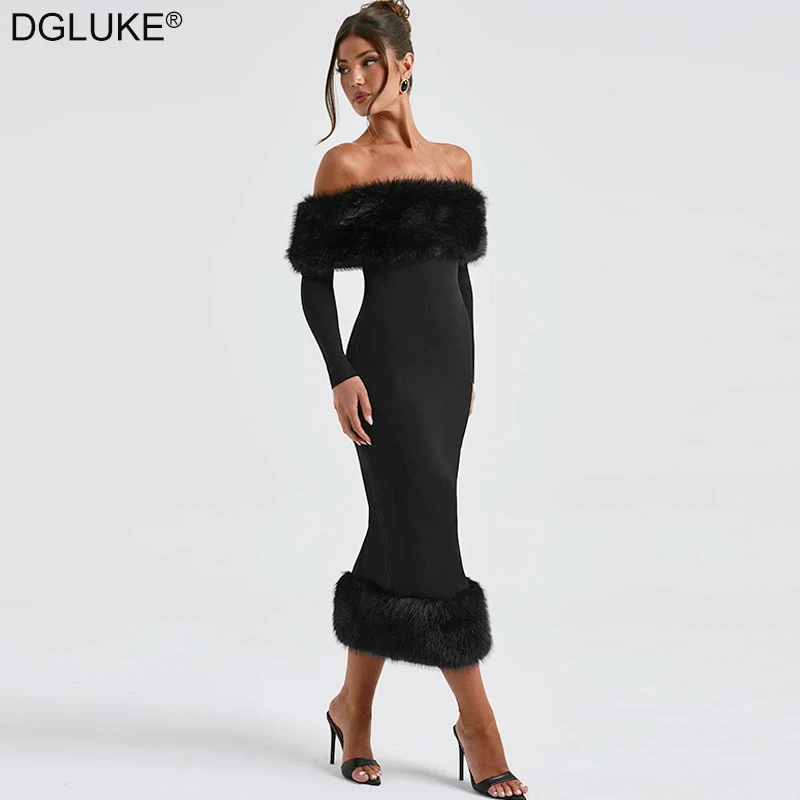 

DGLUKE Off Shoulder Long Sleeve Maxi Dress With Feather Autumn Winter Elegant Black Party Evening Dress Backless Long Dress