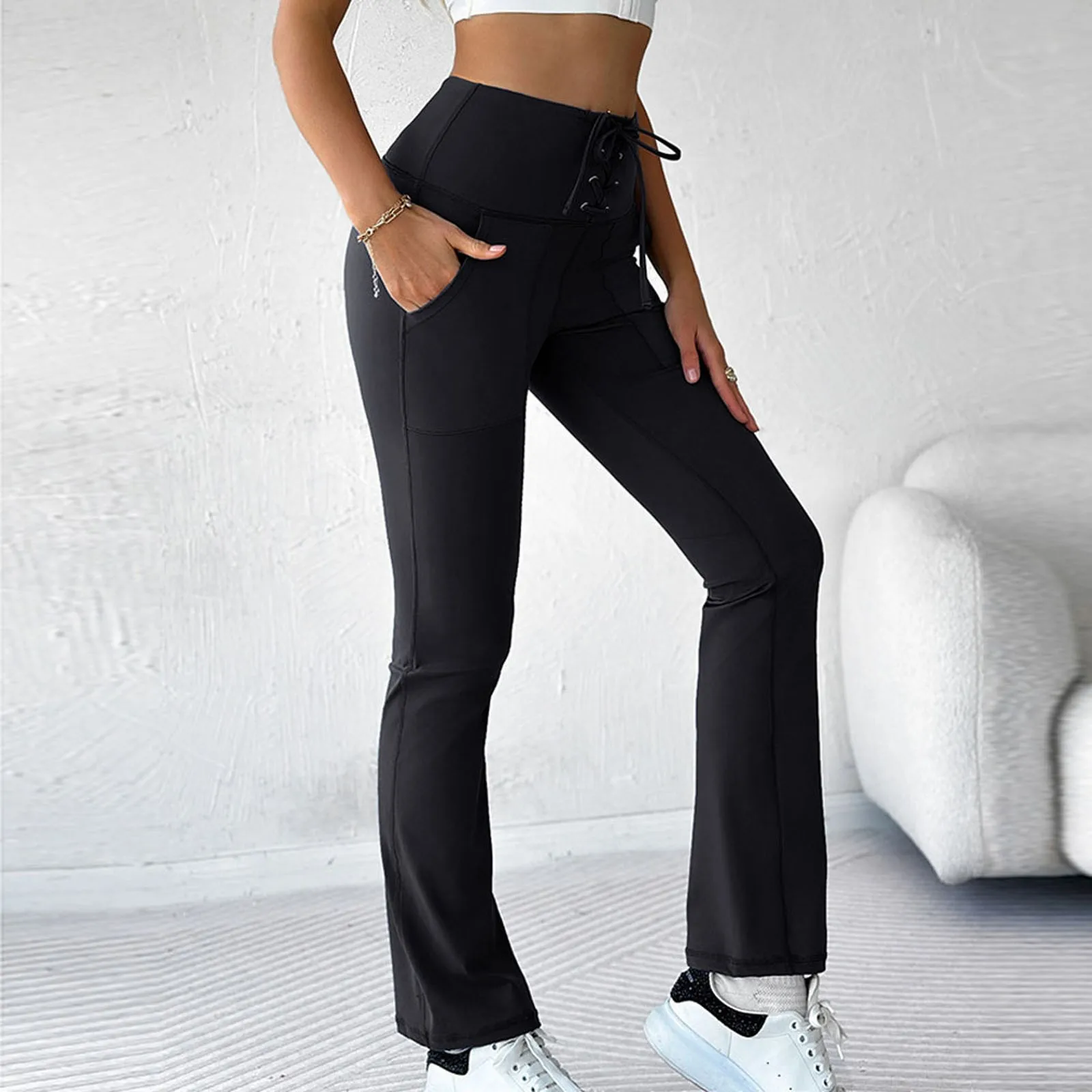 Pantalones acampanados de secado rápido para mujer, pantalón elegante y Sexy con cordones, parte inferior informal para Yoga, novedad de 2024