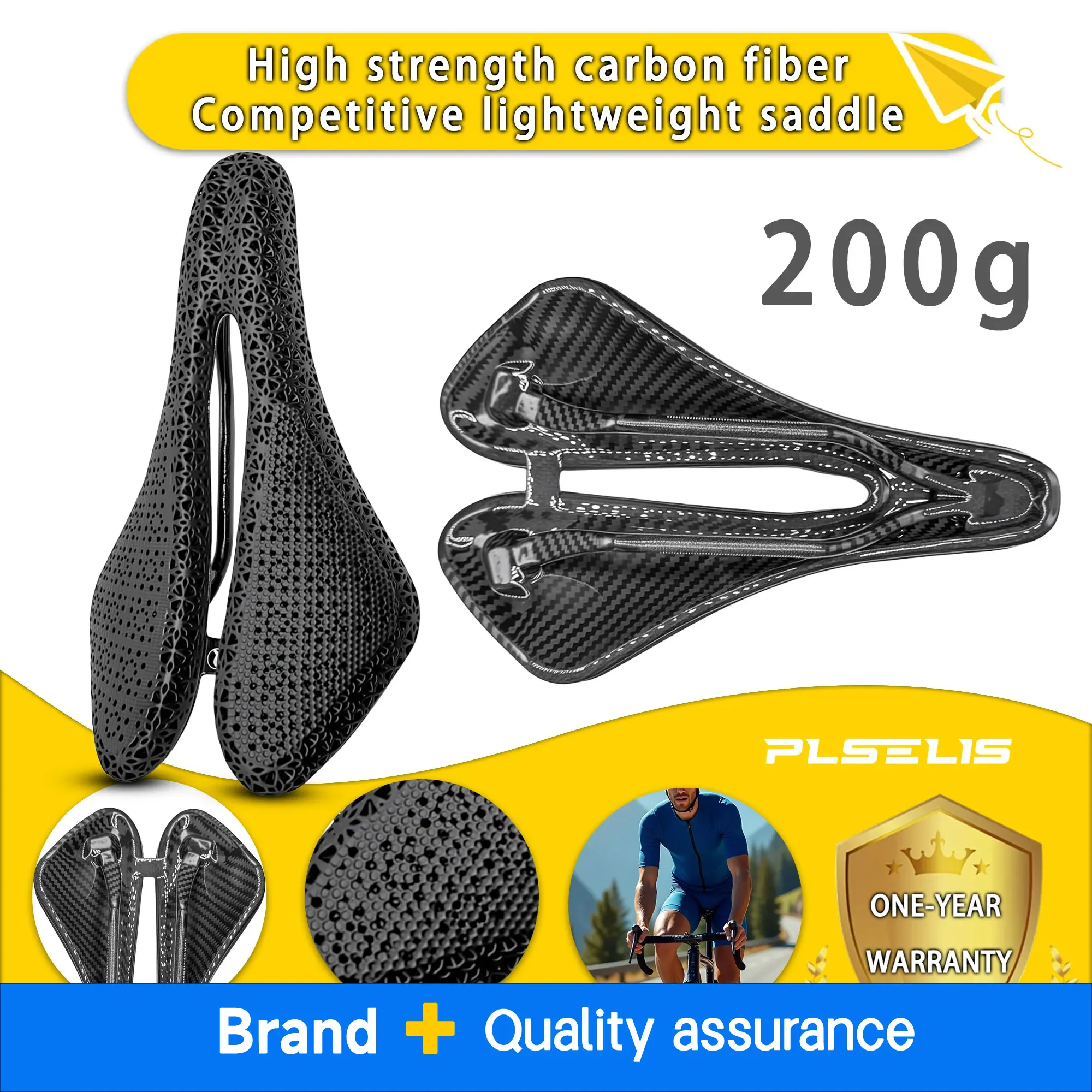 

Plselis Lightweight Carbon Fiber Road Bike Saddle 3D Printed Partition Damping Cushion 200g Competitive Riding Accessory