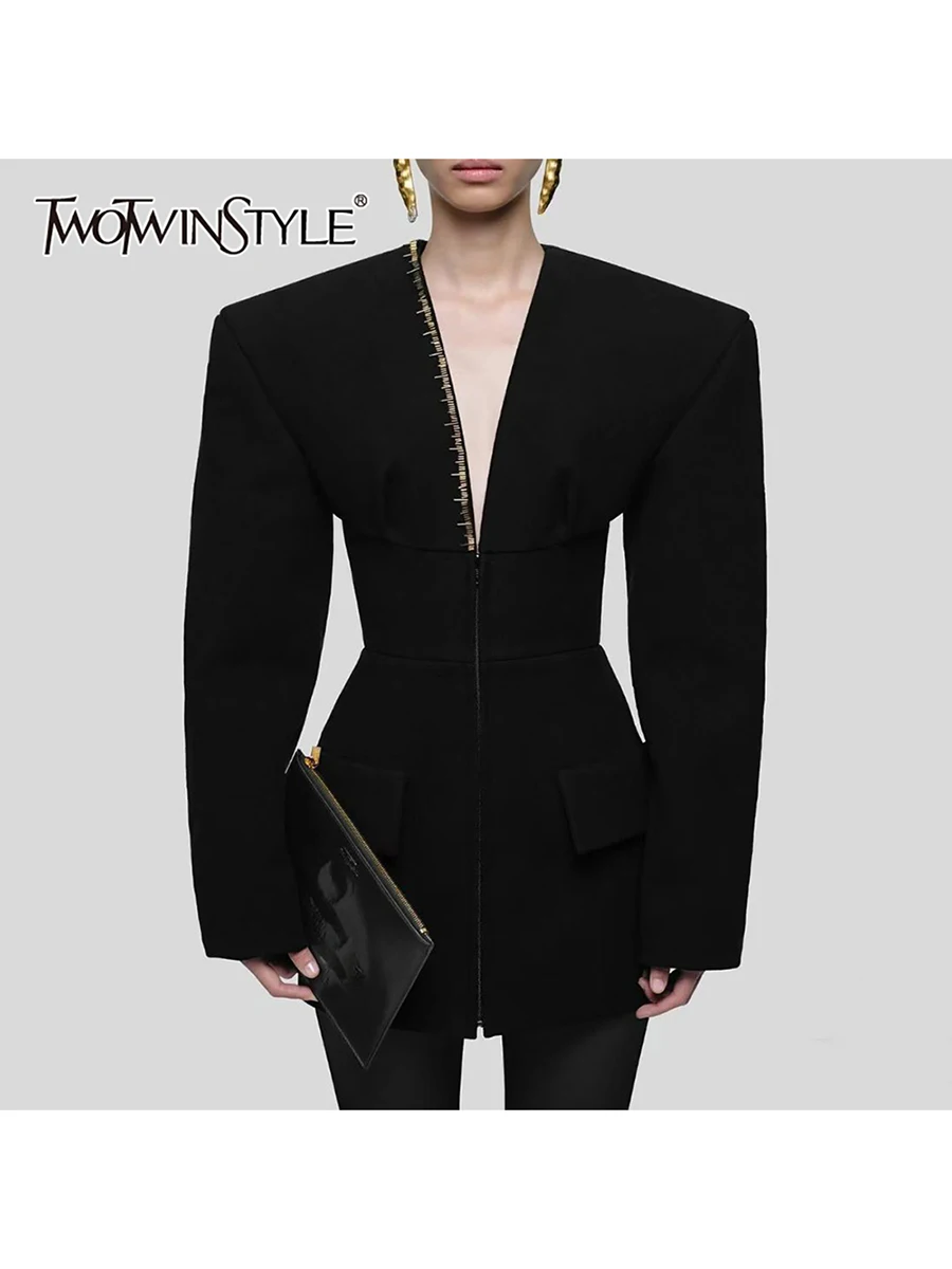 

TWOTWINSTYLE Slimming Spliced Embroidery Minimalist Blazers for Women V Neck Long Sleeves Patchwork Zipper Blazer Female Fashion