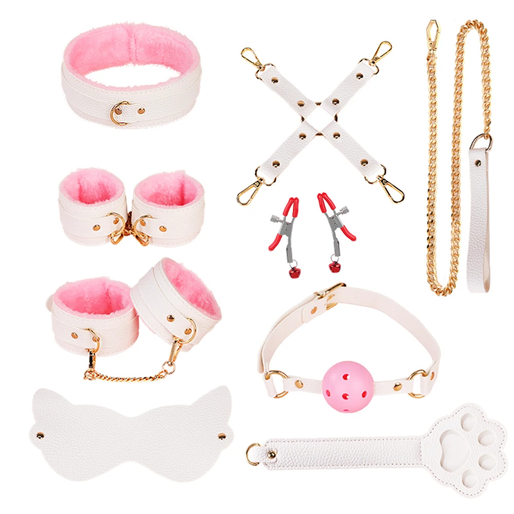 Kits eróticos BDSM para parejas, esposas ajustables de cuero con puños de tobillo, tapones para la boca, juego de Bondage de felpa, juguetes esclavos para mujeres y hombres