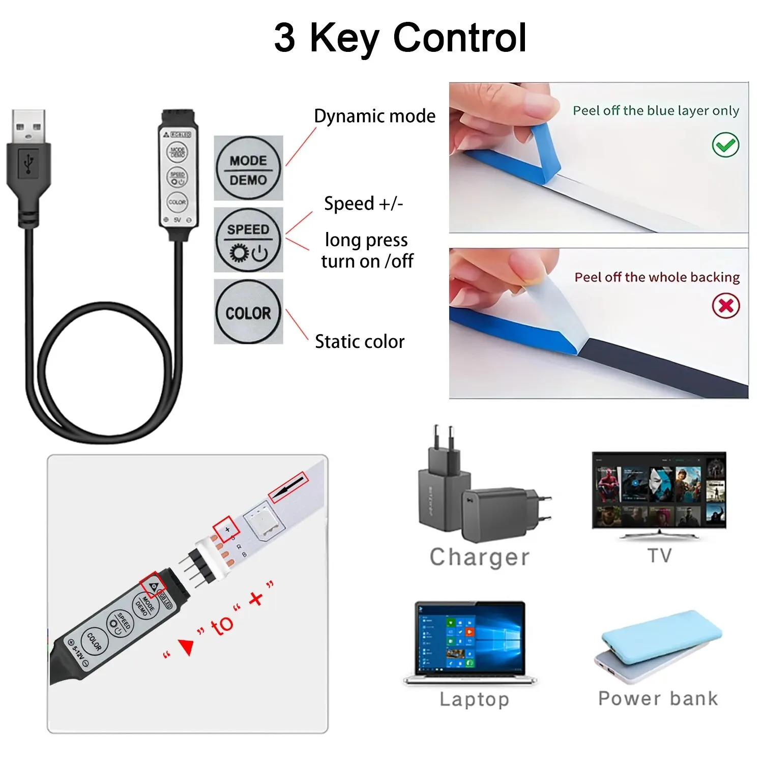 Luci a Led per TV 3 Key Control Led Strip USB 5V luci a nastro per retroilluminazione TV decorazione per feste a casa nastro flessibile