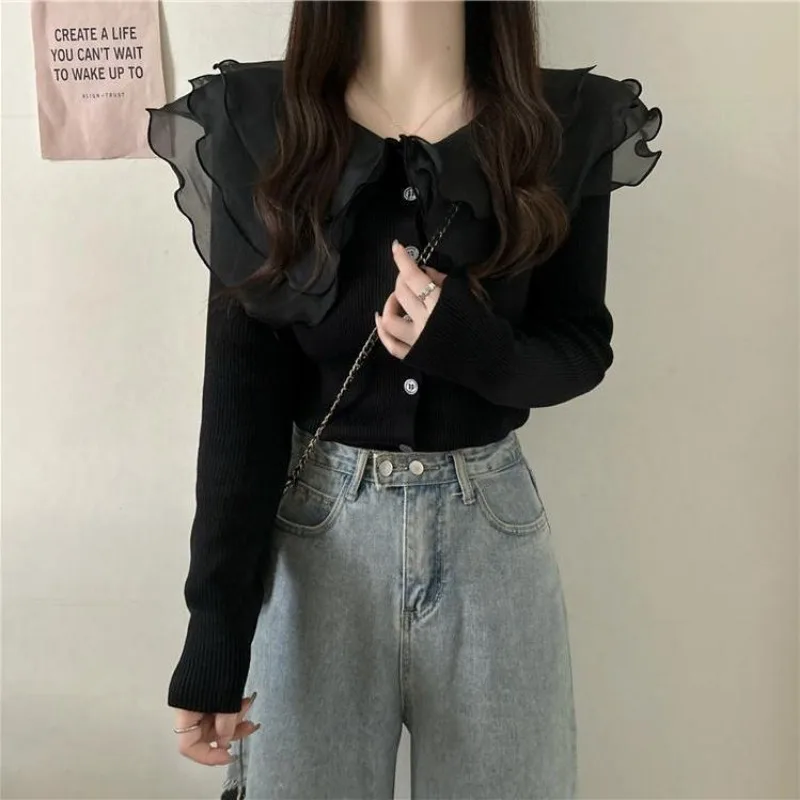 Women Autumn Winter Korean Simplicity Button Solid Color Turn-down Collar Women Clothes All-match Appear Thin Sweater Cardigan
