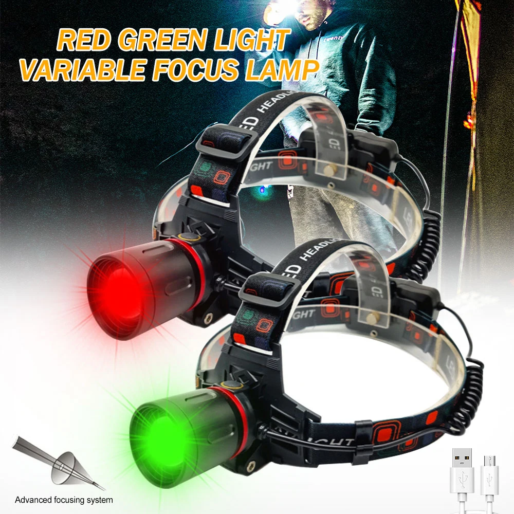 Green/Red Light Headlamp Zoomable Head Toch 4 Modes Headlight USB Charging Hunting Flashlight Power by 18650 Battery 