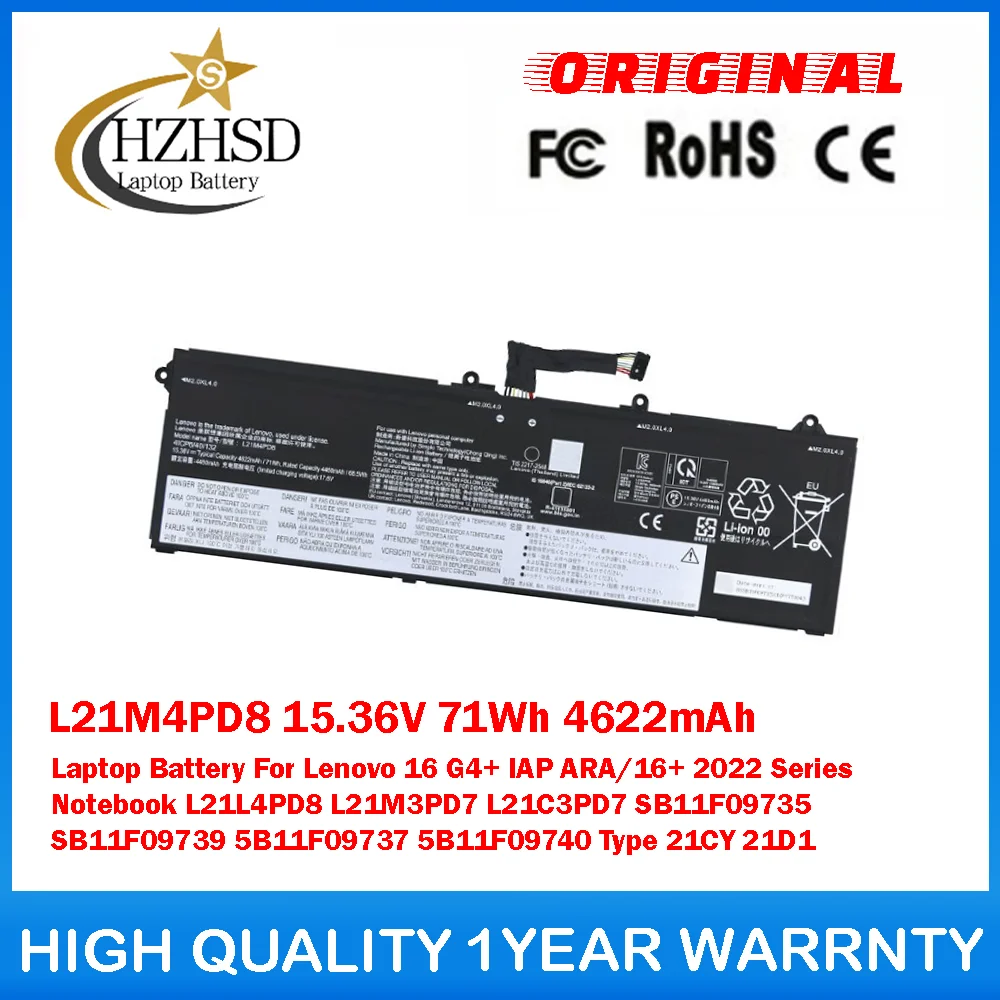 

L21M4PD8 15.36V 71Wh 4622mAh Laptop Battery For Lenovo 16 G4+ IAP ARA/16+ 2022 Notebook L21L4PD8 L21M3PD7 L21C3PD7 SB11F09735