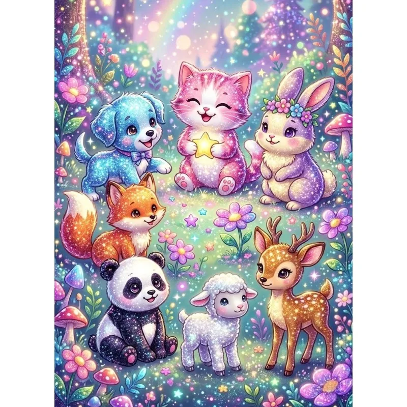 Diamond Painting Glitter Star Colorful Forest with Cute Animals Wildflower Meadow Diamond Mosaic Handmade Art Gift Home Decor