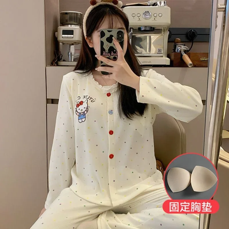 Hello Kitty pajamas long-sleeved trousers pure cotton casual two-piece set Sanrio loungewear Hello Kitty pajamas with chest pads