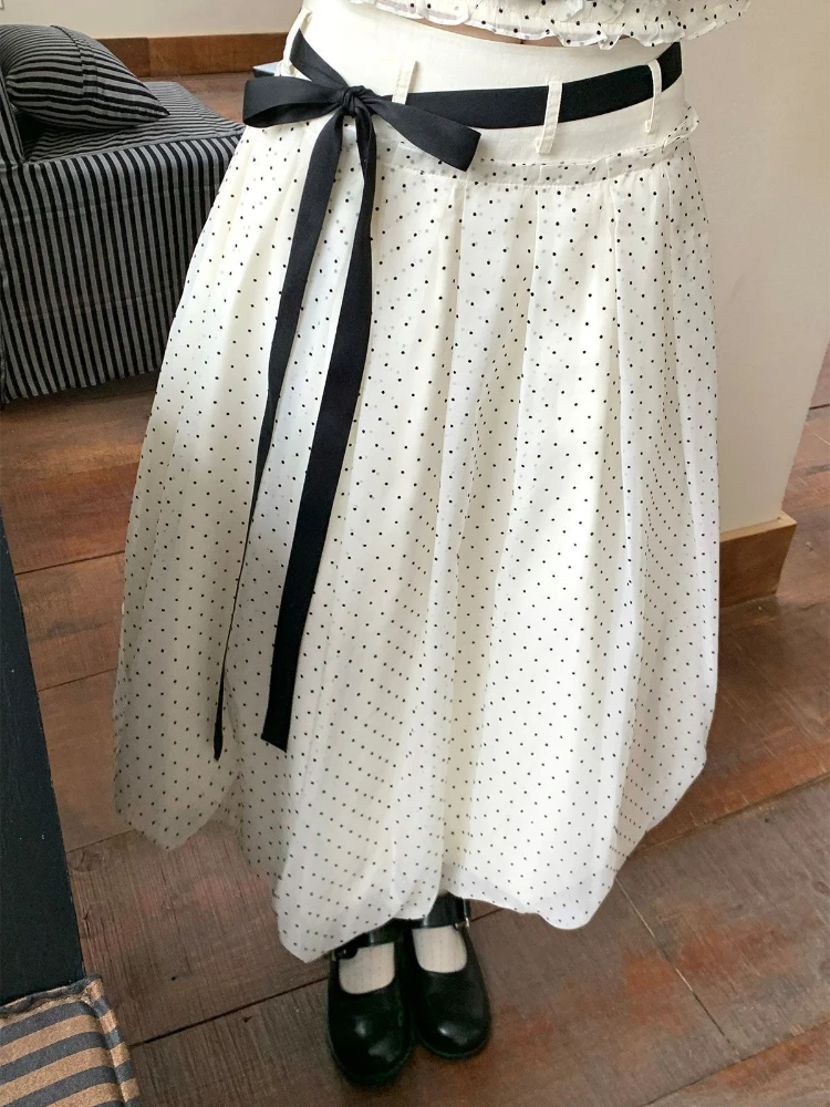 Vintage Fashion Flower Bud Long Skirts Female 2026 Spring Sweet Polka Dot High-waisted A-line Skirt Women Hepburn Kawaii Skirt