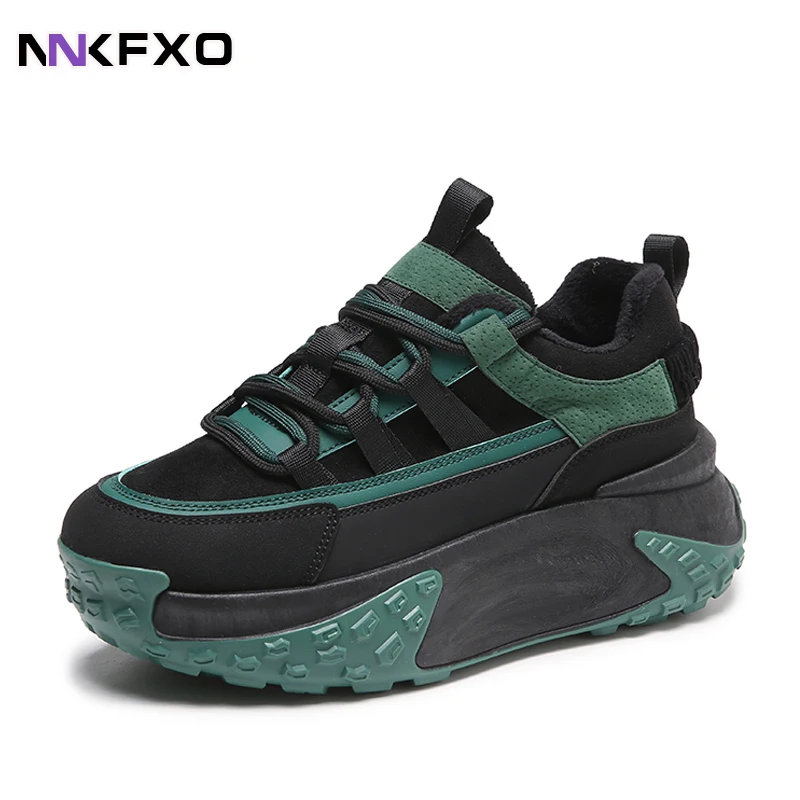 Women's Green Grey Winter Plush Comfortable Cotton-padded Shoes Fashion Chunky Casual Shoes Non-slip Wear-resistant Shoes QB583