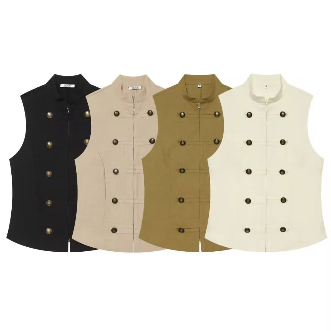 DUOPERI Women Multi-color New Chinese Style Stand Collar  Top Sleeveless Slim Vest Female Chic Lady Vintage Casual Vest