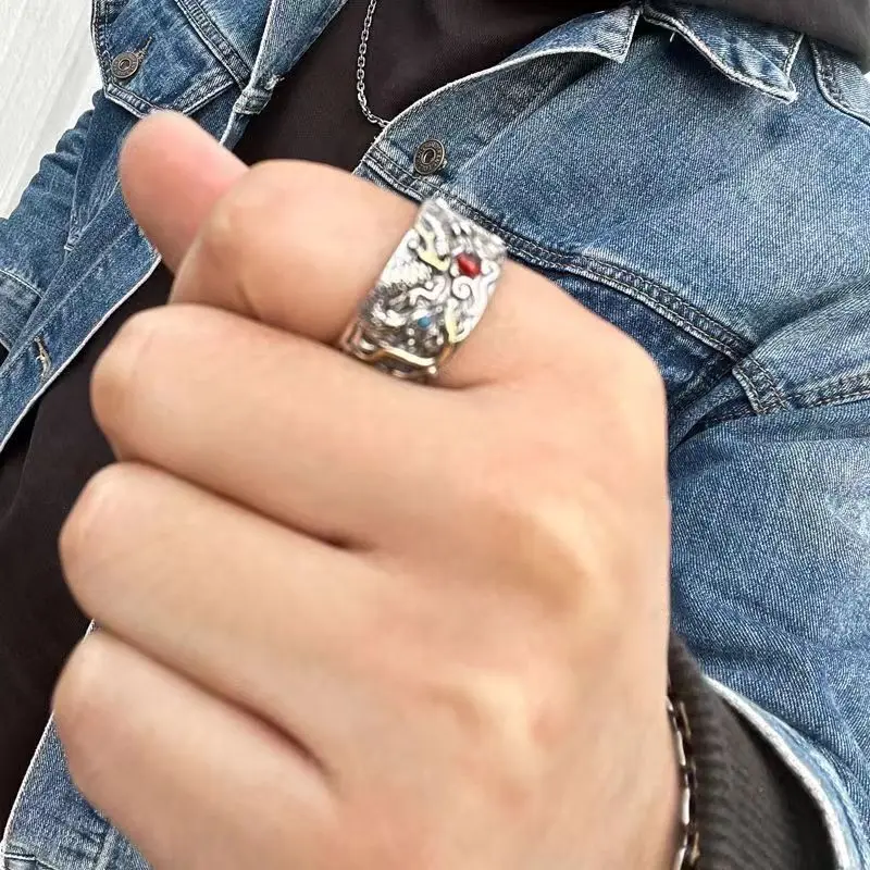925 pure silver dragon playing with pearls men's ring retro China-Chic domineering personality opening old ring luxury