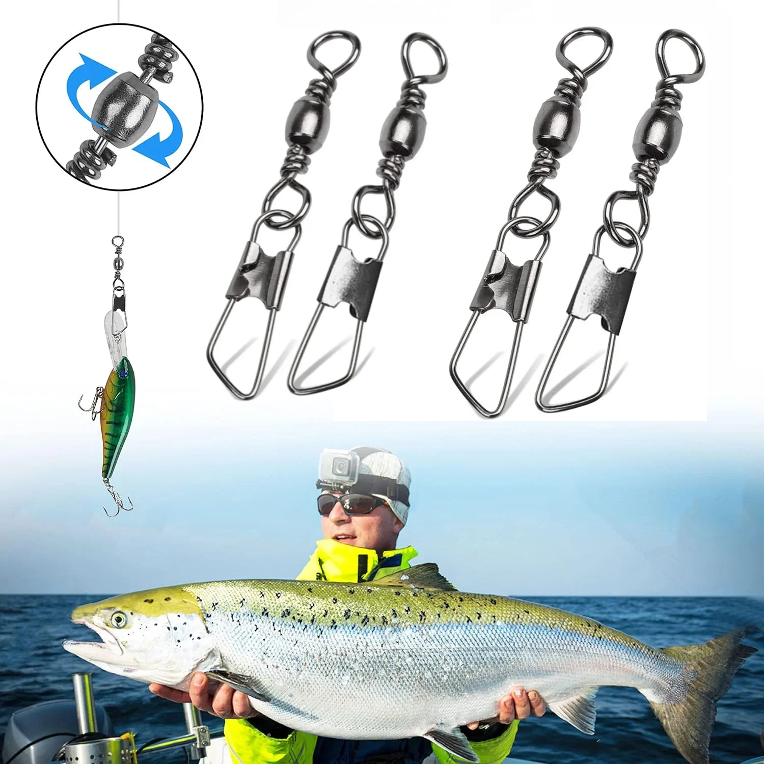 Kit de Giradores de Pesca com Snap, Girador de Barril de Aço Inoxidável com Snap de Intertravamento, Conector de Linha de Pesca, Giradores de Snap para Iscas, Anel Sólido