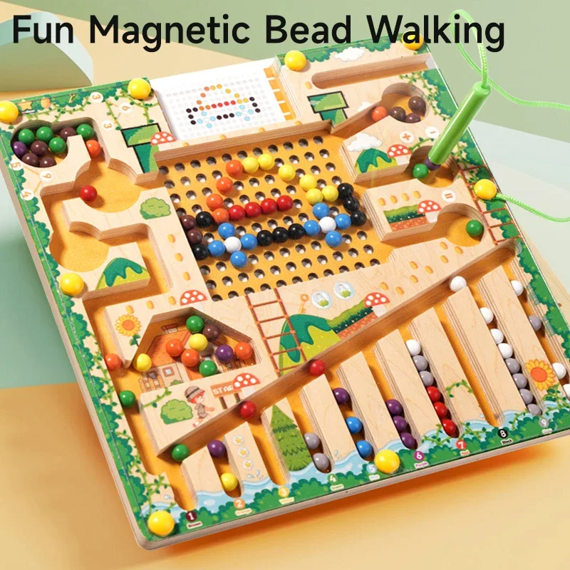 Children Magnetic Pen Moving Ball Toys Wooden Count Board Color Sorting  Game Toys Take Exercise Kids Hand Brain Develop Toys
