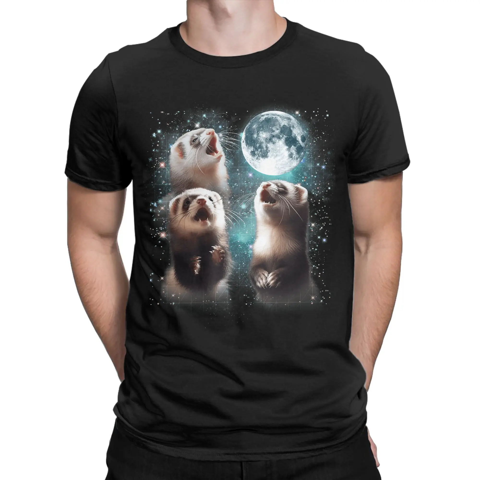 Men's T-Shirts 3 Ferret Moon Howling Ferret Head Funny Vintage 100% Cotton Tees Short Sleeve  T Shirts Crewneck Clothing Summer