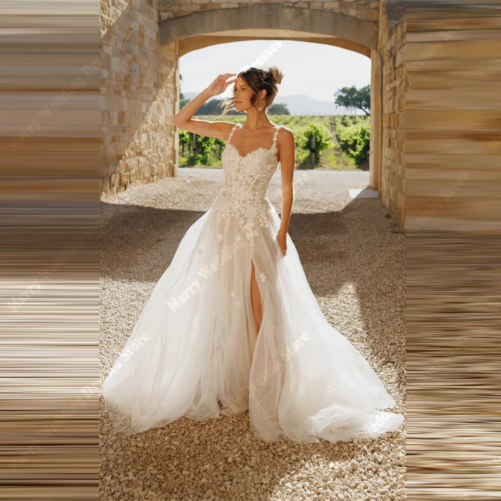 Fascinantes vestidos De Novia De corte A para mujer, exquisitos apliques De encaje, Vestidos De Novia con cuello De corazón, Vestidos De Novias De tul