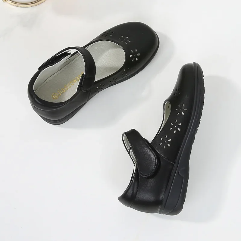 Kids Leather Shoe Cut-outs Causal Black School Girl Shoes for Performance Princess Fashion Versatile Children Uniform Flat Shoes