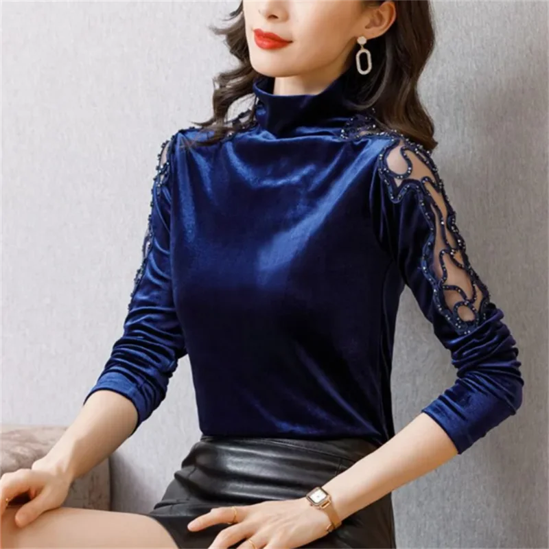 

Turtleneck T-Shirt For Women Spliced Mesh Tshirts Hollow Out Sexy Top Female Slim Fashion TShirt For Girl Autumn Base Femme Tees
