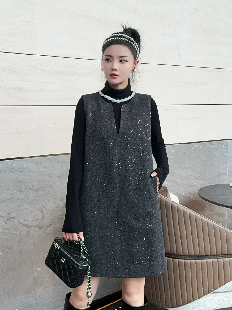 Light luxury style sparkling Embroidered Flares two-piece set for women winter new style socialite temperament medium long skirt