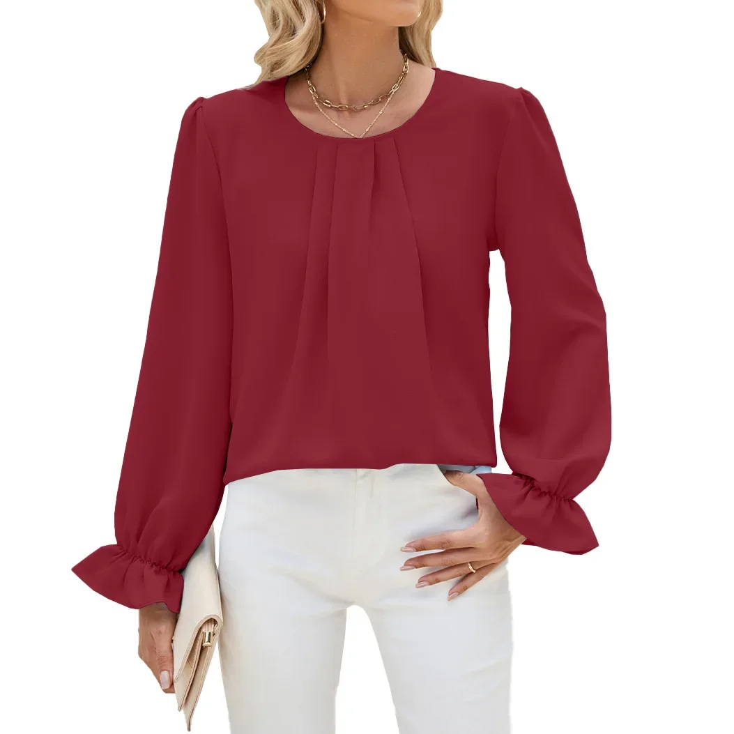 Herfst En Winter Casual Effen Kleur Ronde Hals Los Chiffon Top Shirt Met Lange Mouwen