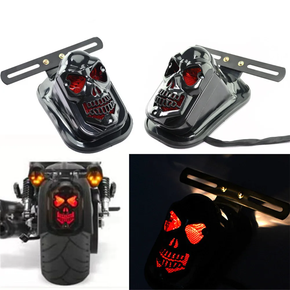 Universal Motorcycle Accessories 12V Rear Skull Tail Light Brake Stop Light License Plate Lamp Runring Lights Cafe Racer Old Sch