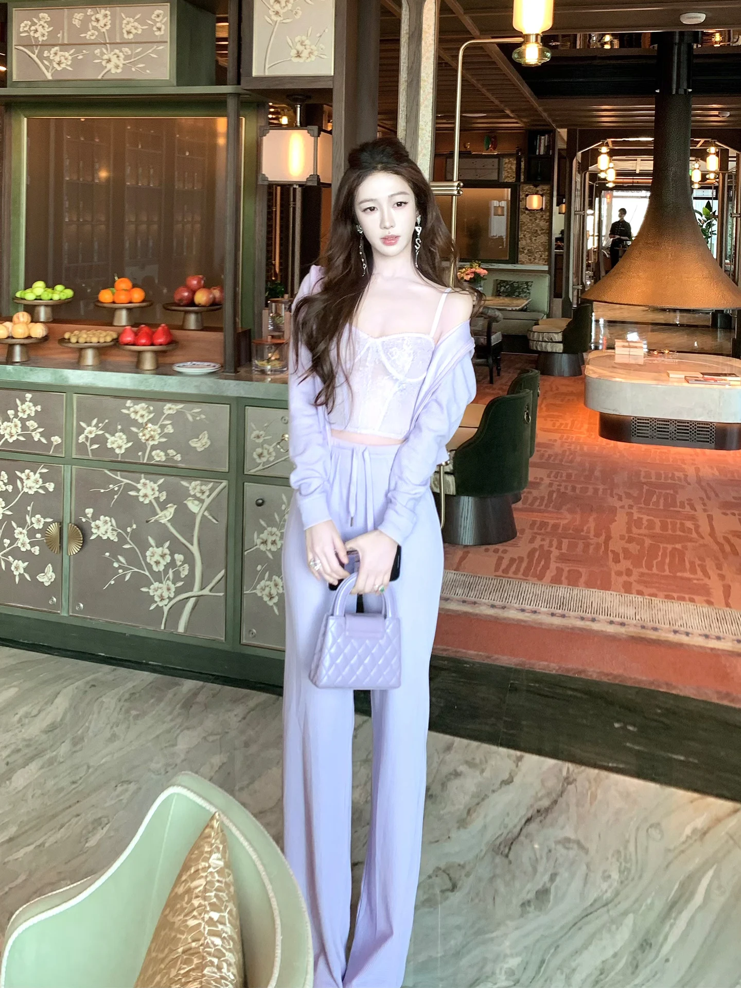 

Amor Lace Sports Set Straight Leg Pants Hoodie Open Cardigan Spring Fashion Women's High Waist Long Sleeve Zipper Closure