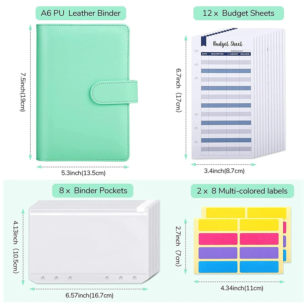 Carpeta de presupuesto de cuero PU A6, bolsillos de carpeta A6, hojas de presupuesto de gastos, sistema de sobres de presupuesto de carpeta de 6 anillos con pegatina C