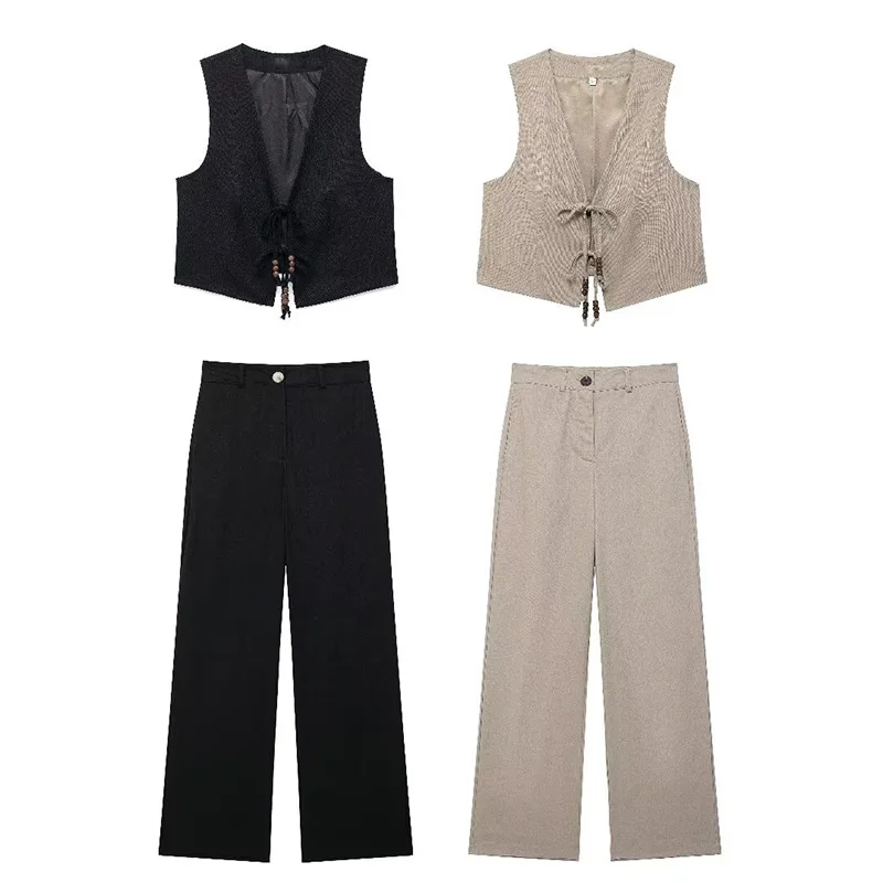 

Summer Suit Beaded Vest Top High Waist Zipper Wide Leg Pants Set 2024 New Casual Fashion Women's Two Pieces