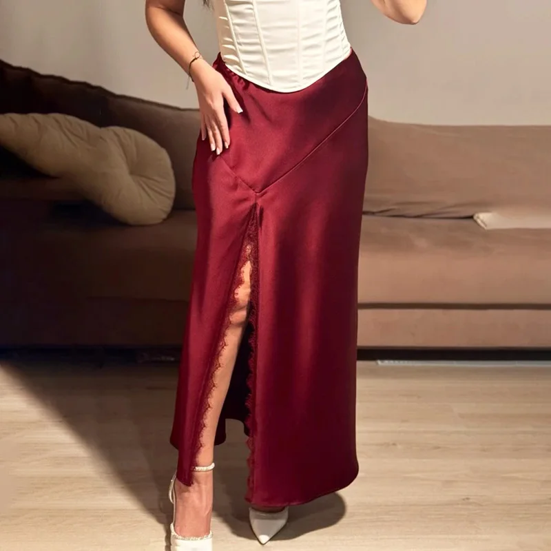 Ticketsx moda cetim renda divisão saias sexy sólido vintage retalhos cintura alta maxi saia elegante novas mulheres festa clube saias