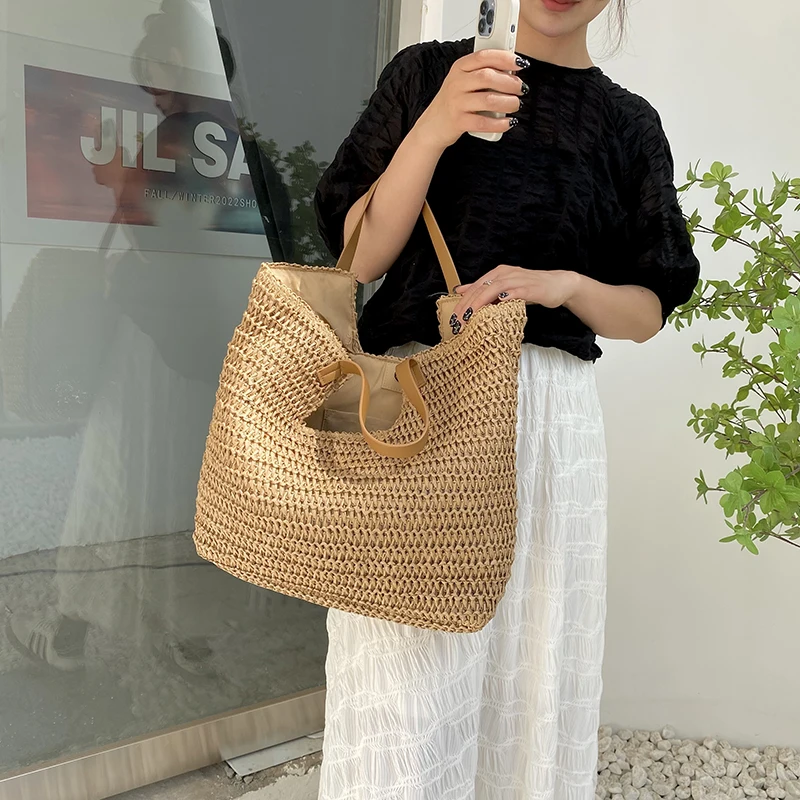 Summer Women Weave Straw Big Tote Bag 2023 New In Travel Beach Bags Handmade Shopper Shopping Shoulder Bag with Short Handle