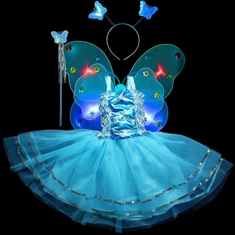 C9GB 4pcs Kids Girls Fairy Cosplay Costume Set Metallic Sleeveless Dress LED for Butterfly Angel Wing Wand Headband Fancy