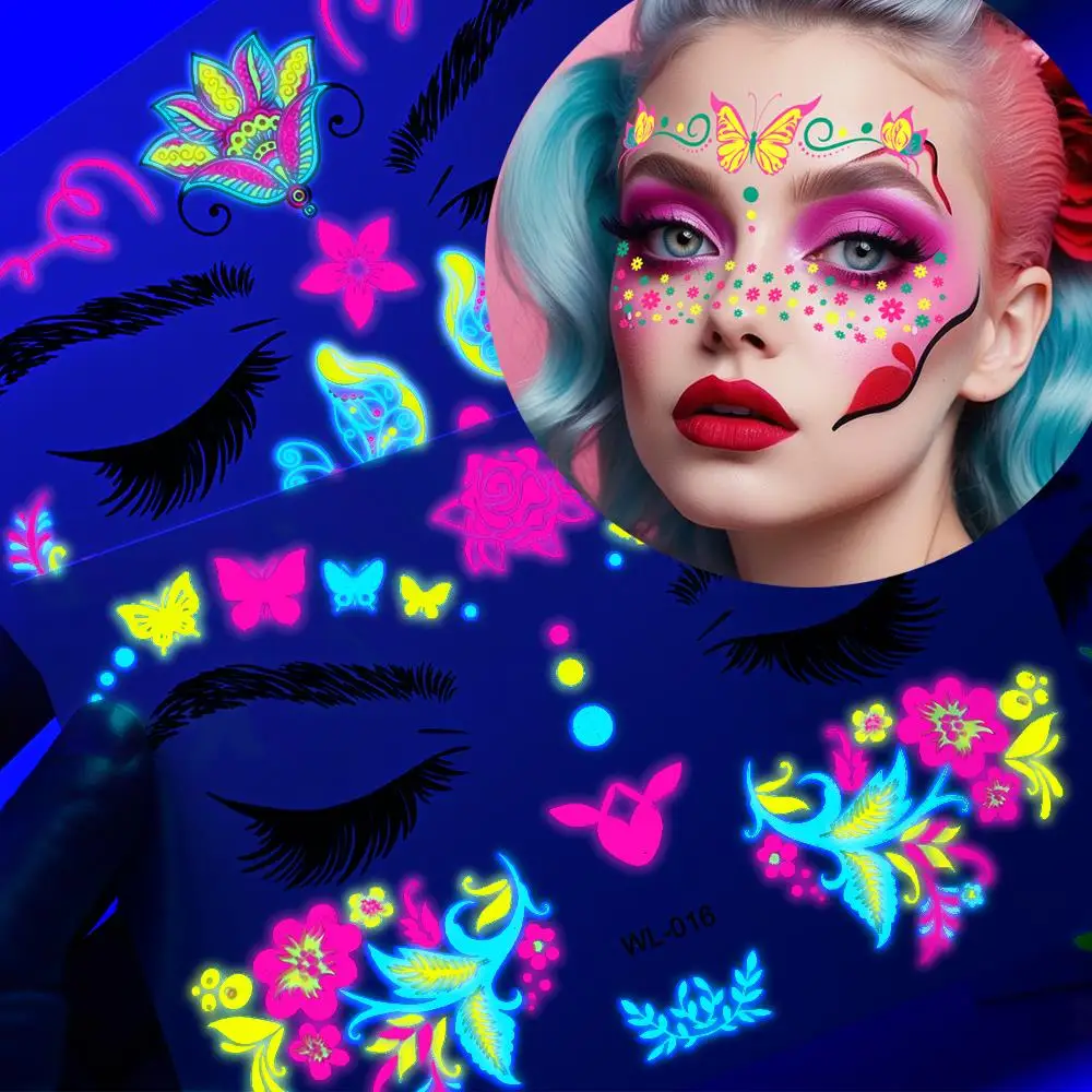 4/8/12/24Pcs Fluorescent Face Tattoo Stickers Flower Butterfly Star Temporary Fake Tattoo for Party Music Halloween Body Decals