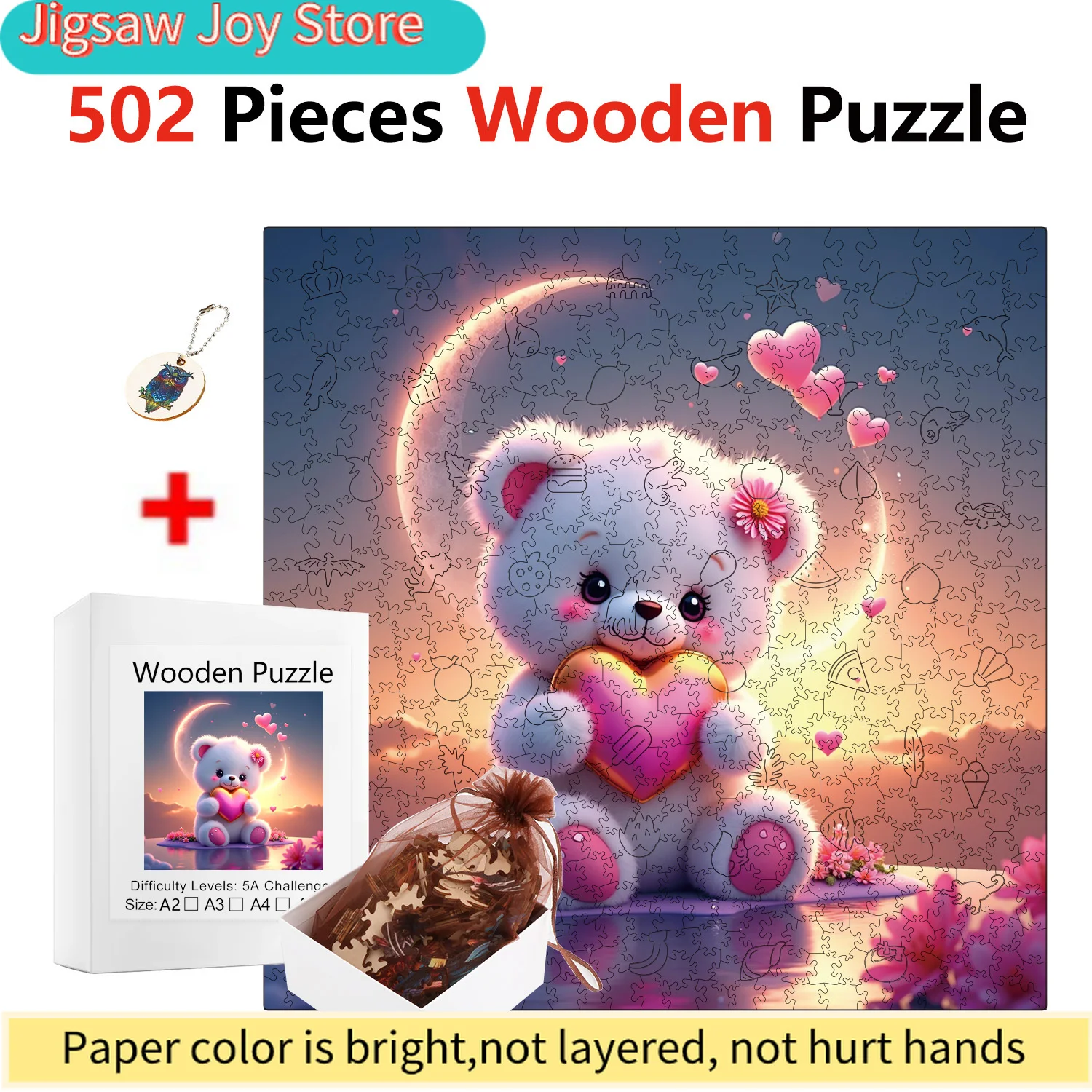 502pcs Square Wooden Jigsaw Puzzle - Heart Bear Under the Moon, Challenging Difficult Suitable for s & 14+, Valentine's Mother