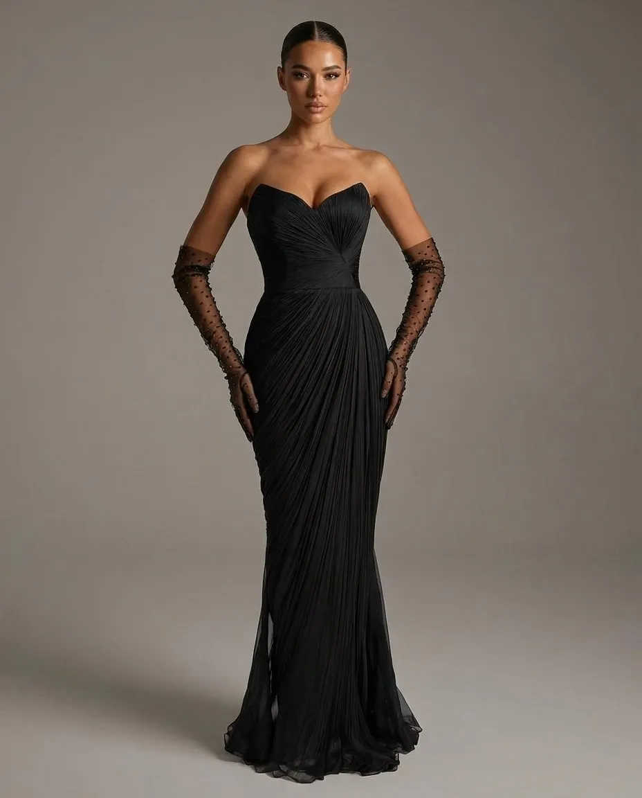 

Ofherown Luxury Black Pleated Evening Dress Women Strapless Sweetheart Neck Mermaid Prom Gown Formal Party Dress Customized