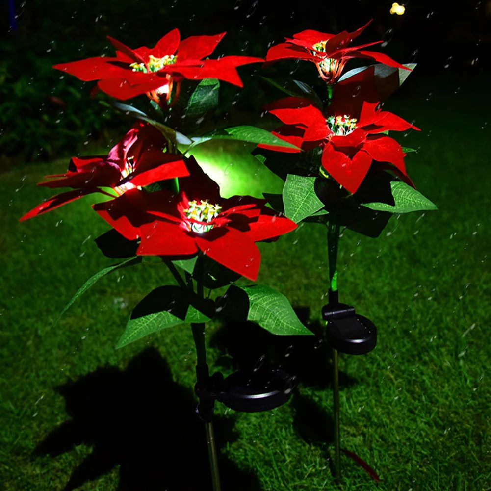 2 Pack Solar Garden Lights Waterproof LED Solar Powered Outdoor Lights Simulation Poinsettia Lotus LED Light for Outdoor Decor