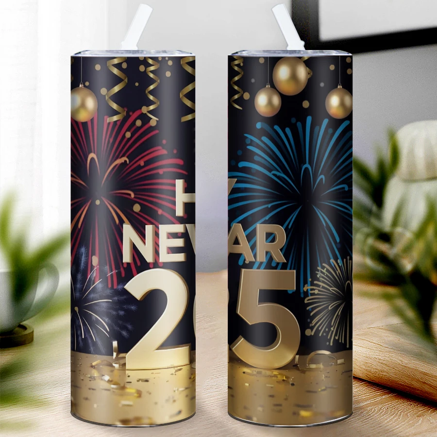 Print 2025 Happy New Year Firework Tumblers Straw Lid 20oz Stainless Insulated Party Mugs New Year Festive Family Coffee Cups