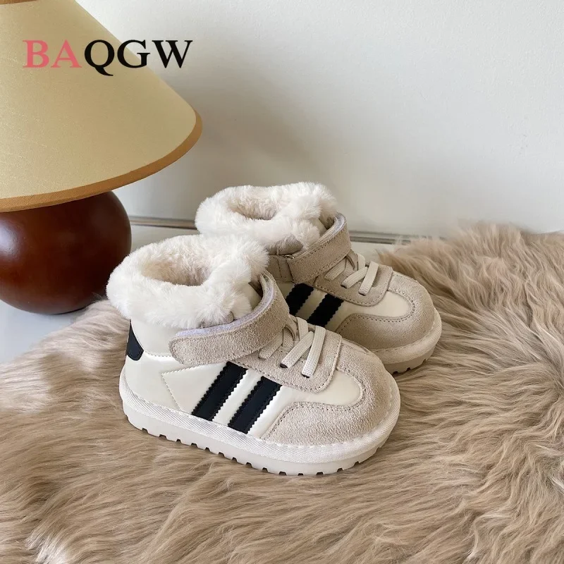 Autum Winter Children Snow Boots Boys New Striped Design Warm Plush Snow Boots Girls Patchwork Non-slip Infant Boots Size 15-30