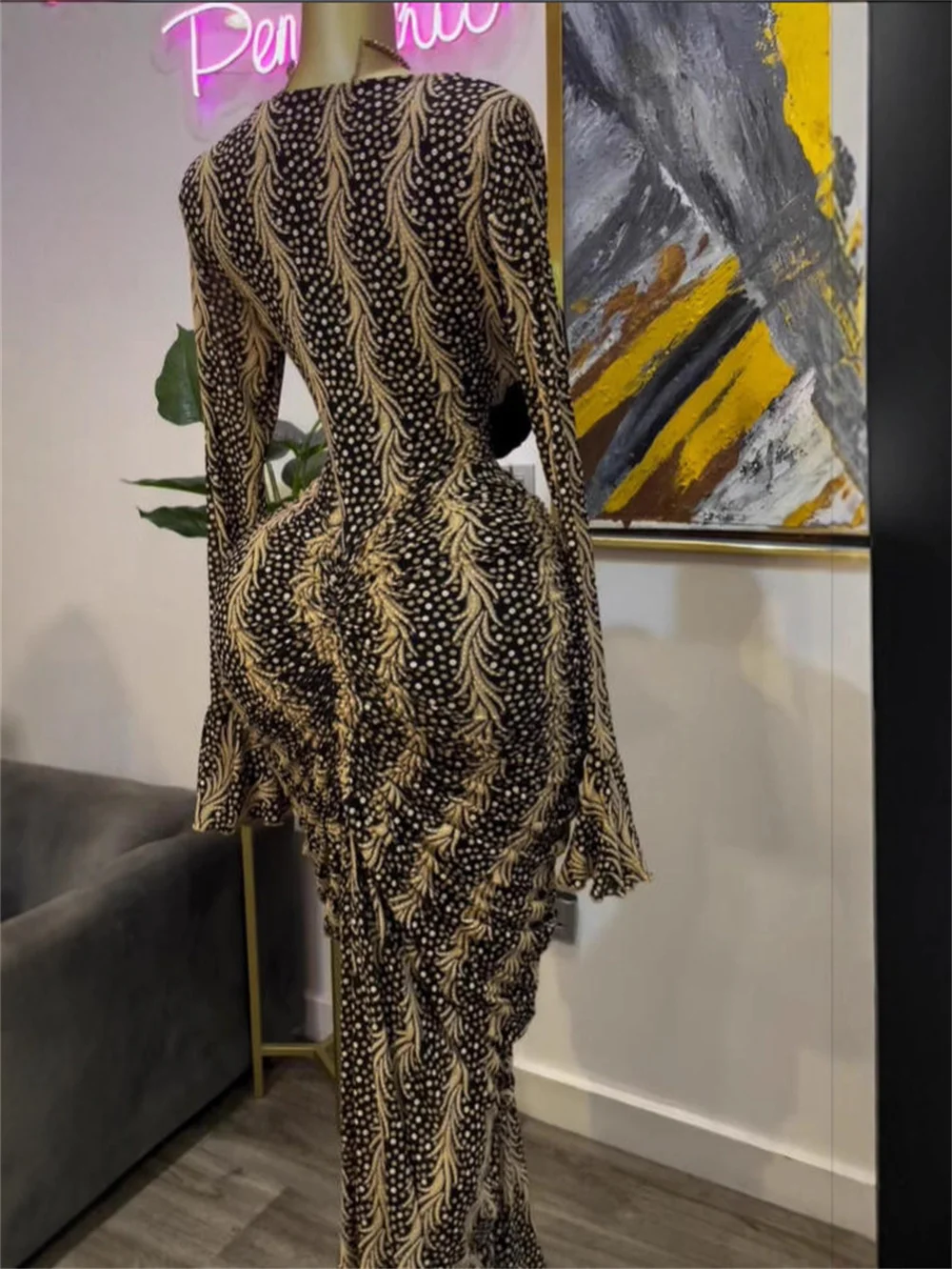 女性用セクシー長袖プリント入りギャザー入りボディコンマキシロングドレス2025ナイトクラブパーティードレスセレブリティバースデードレス