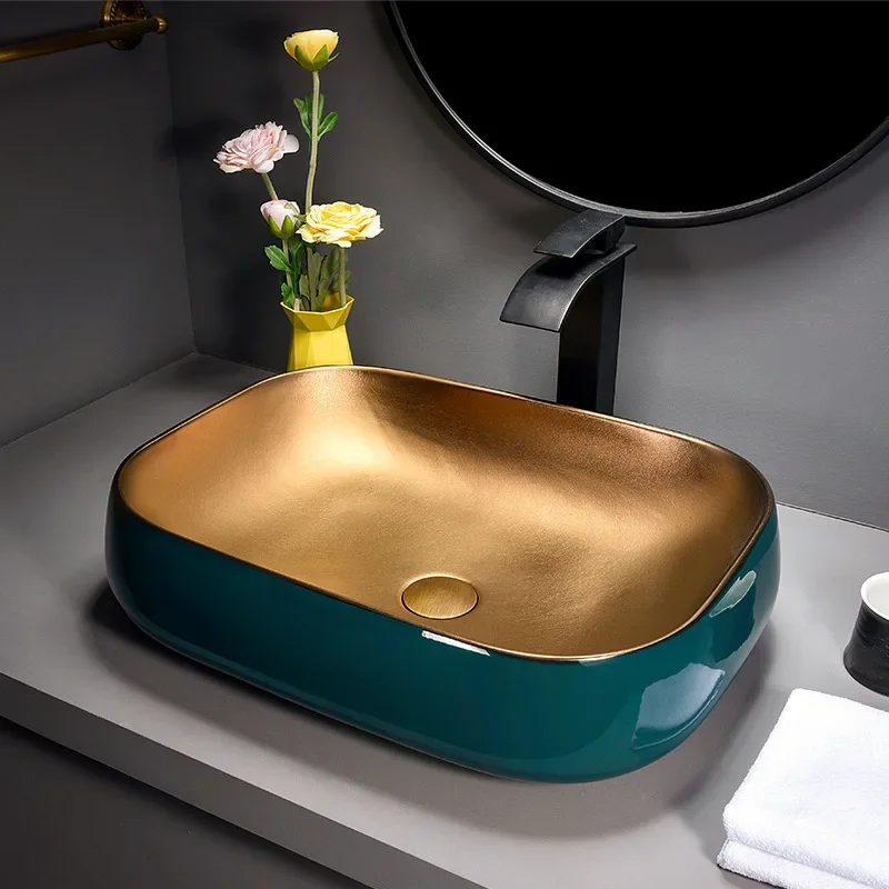 Lavabo de ceramica dorado para el hogar, Lavamanos, lavabo de ceramica para Hotel