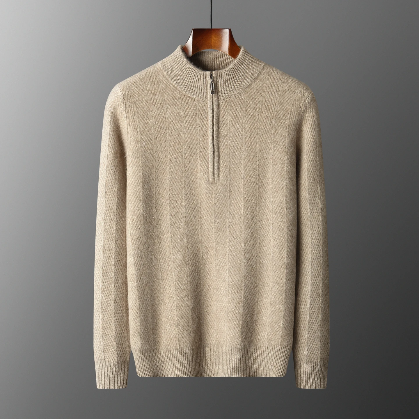 Autumn Winter 100% Merino Wool Knit Pullover Men's Semi-High Neck Thick Sweater herringbone pattern Loose Youth Shirt Warm Tops