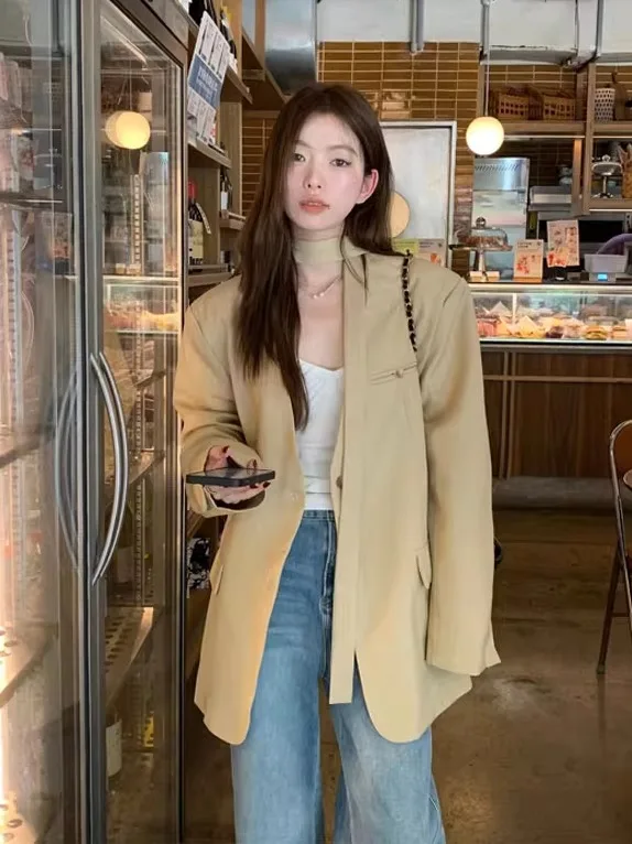 Elegant V-Neck Midi Suit Jacket Women's Loose Fit Casual Style Polyester Fiber Long Sleeve  Color Autumn Winter New Arrival
