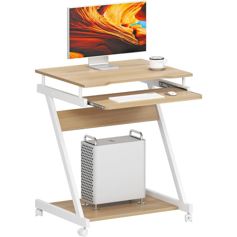 Mobile Computer Desk, Small Rolling Work Workstation for Home and Office with Printer Shelf, Keyboard Drawers