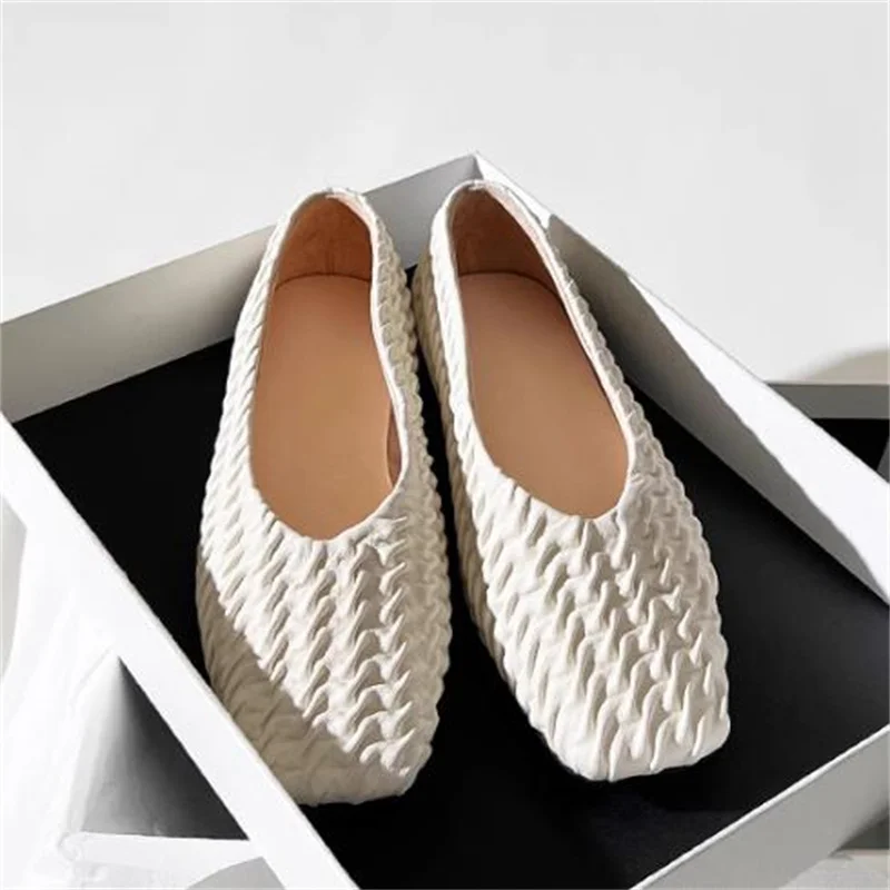 

Pleated Shoes for Womens Square Toes Ladies Flat Heels Shallow Female Ballets Sewing Lines Chassure Femme Solid Zapatos Mujer